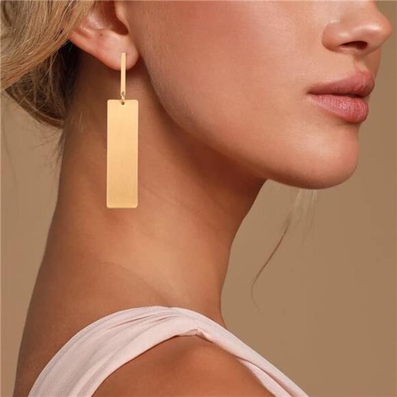โจ Minimalist Rectangle Drop Earrings | Gold Brass Bar Dangle Earrings - Picture 1 of 4